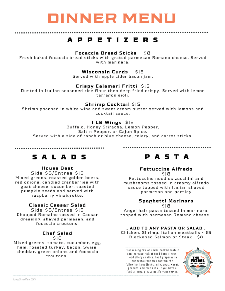The Bowl Dinner Menu 1
