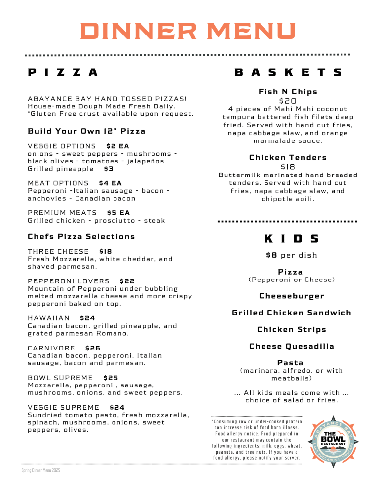 The Bowl Dinner Menu 2