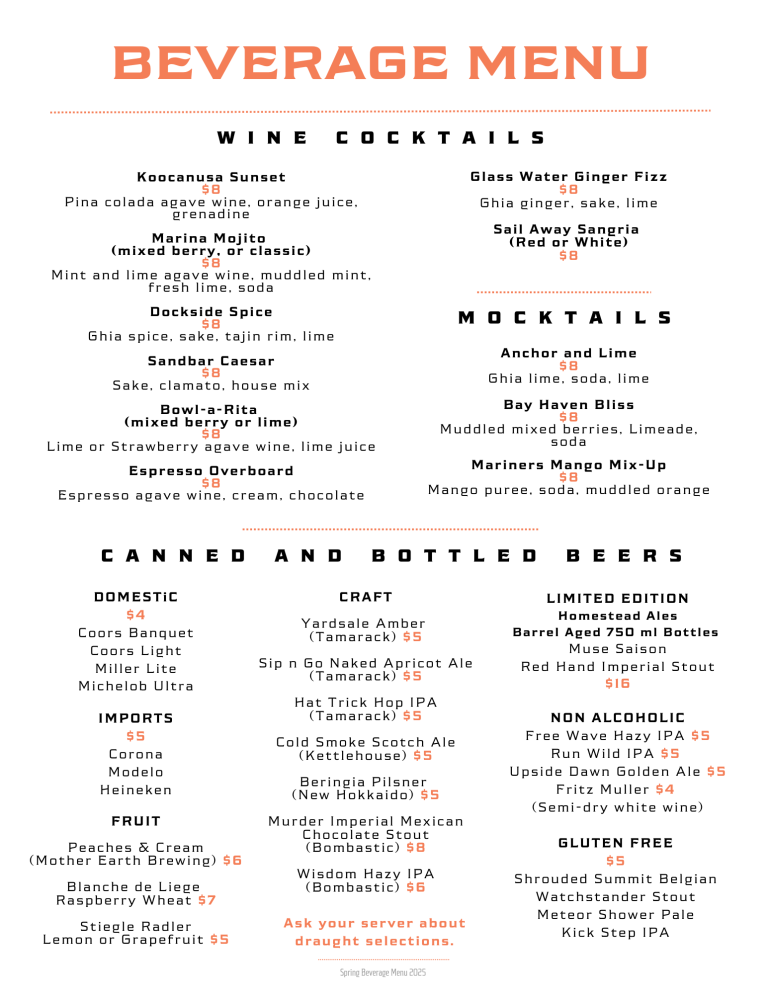 The Bowl Beer and Wine Cocktails Menu
