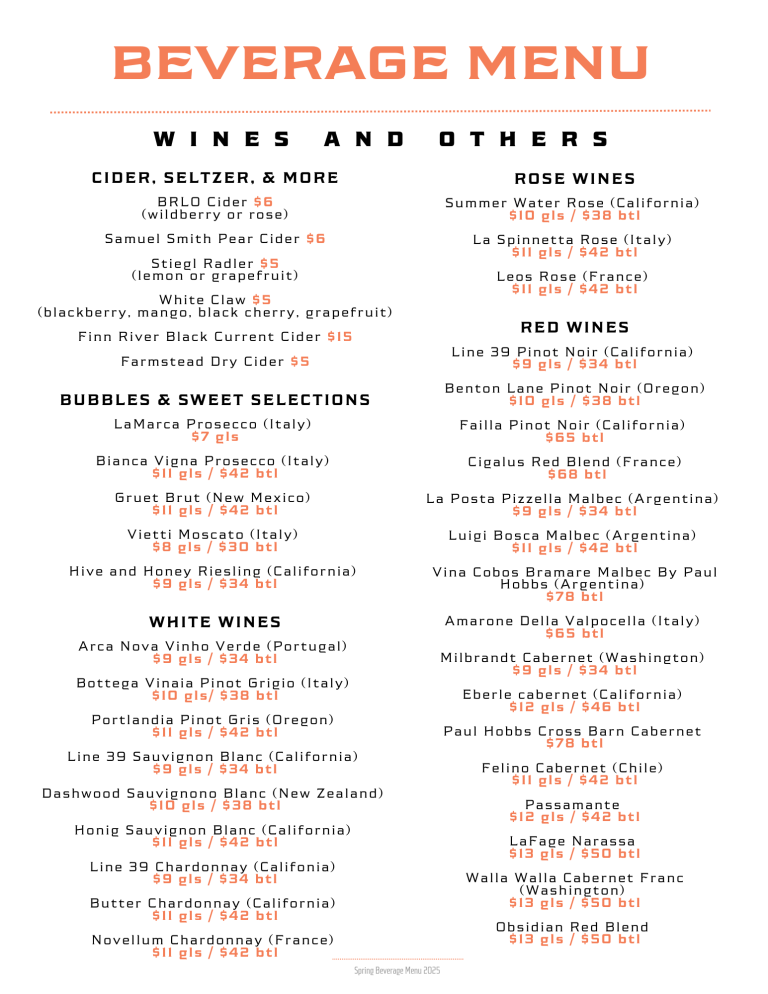 The Bowl Wine Menu